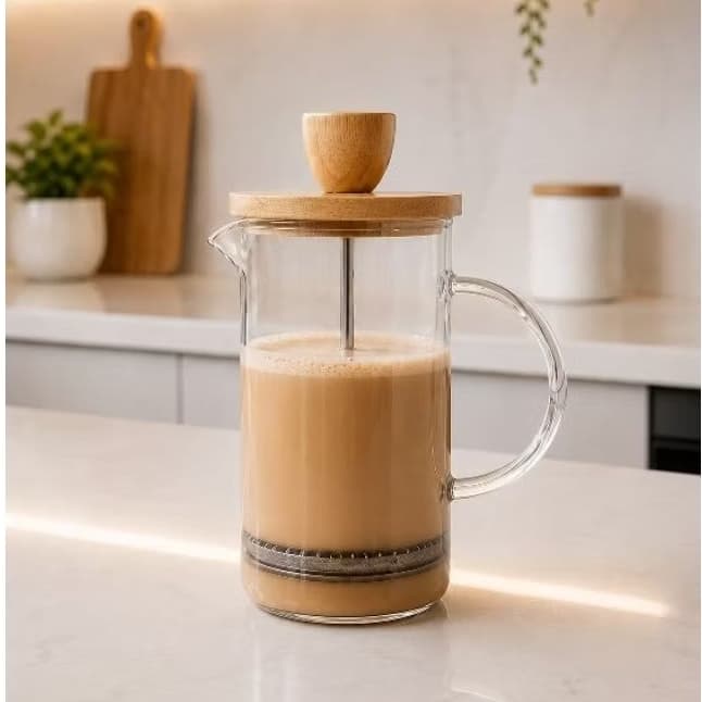 Cafeteira Prensa Francesa de Vidro com tampa de Bambu 600 ML café/ leite/ chá / inverno
