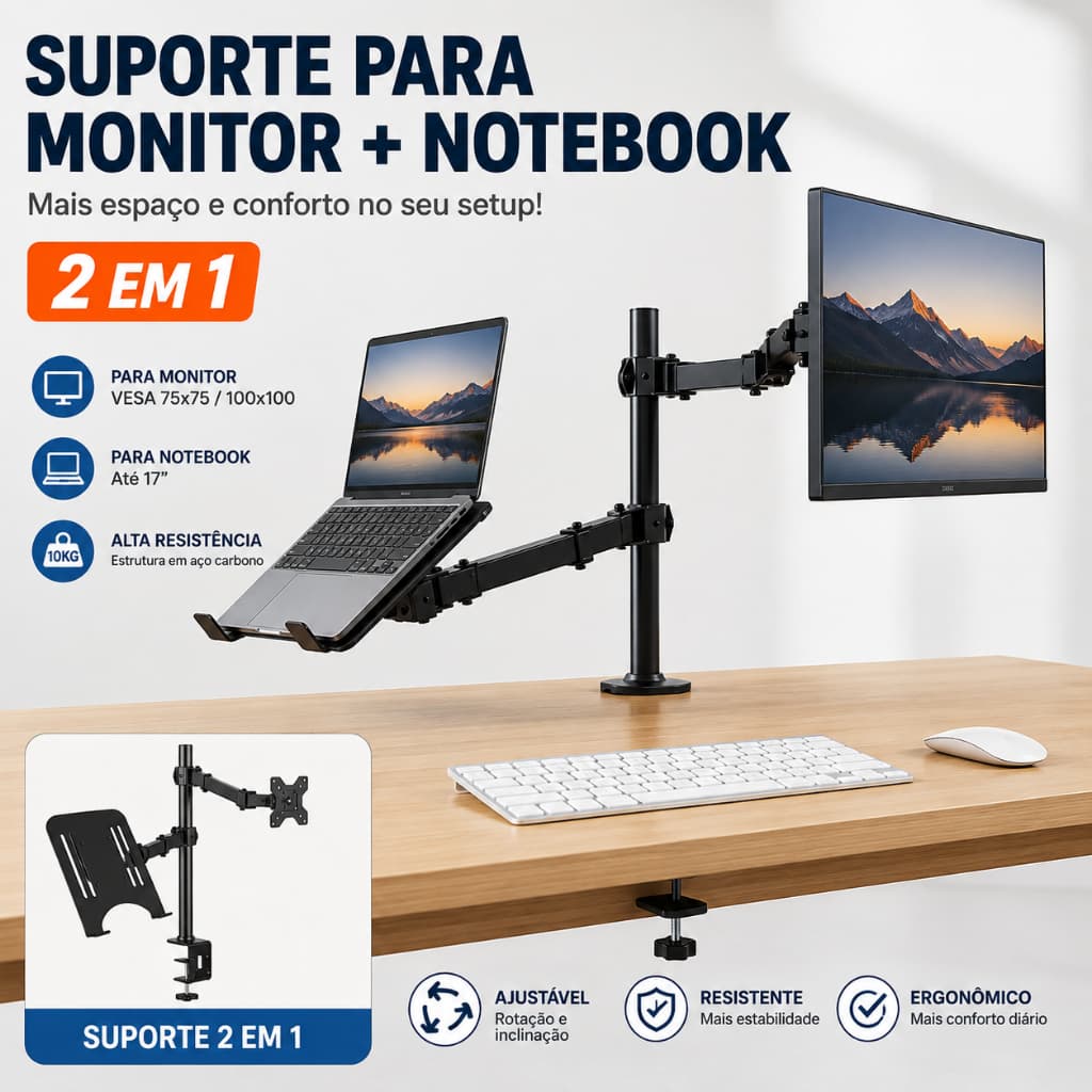 Suporte para Monitor e Notebook 2 em 1 Articulado de Mesa VESA 75x75 100x100 Ajustável em Aço Carbono