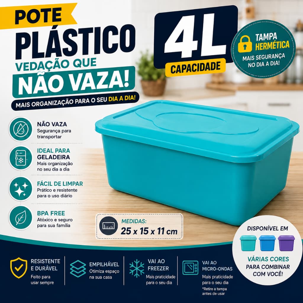Pote Plástico 4 Litros com Tampa Hermética Organizador para Alimentos Geladeira Freezer Multiuso
