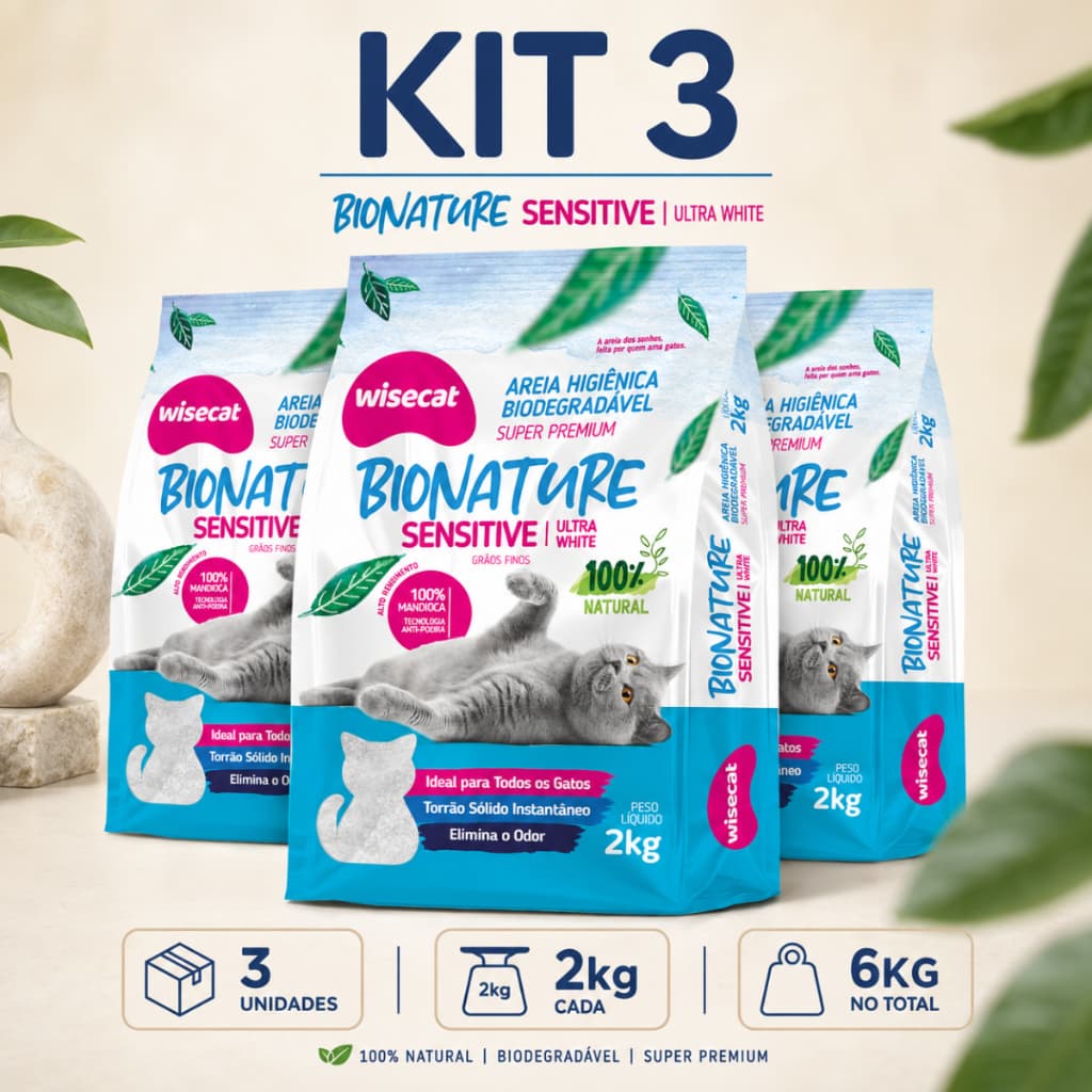 Kit 3 Areia Sanitária De Mandioca Grãos Finos Para Gatos Biodegradável Wisecat 2kg