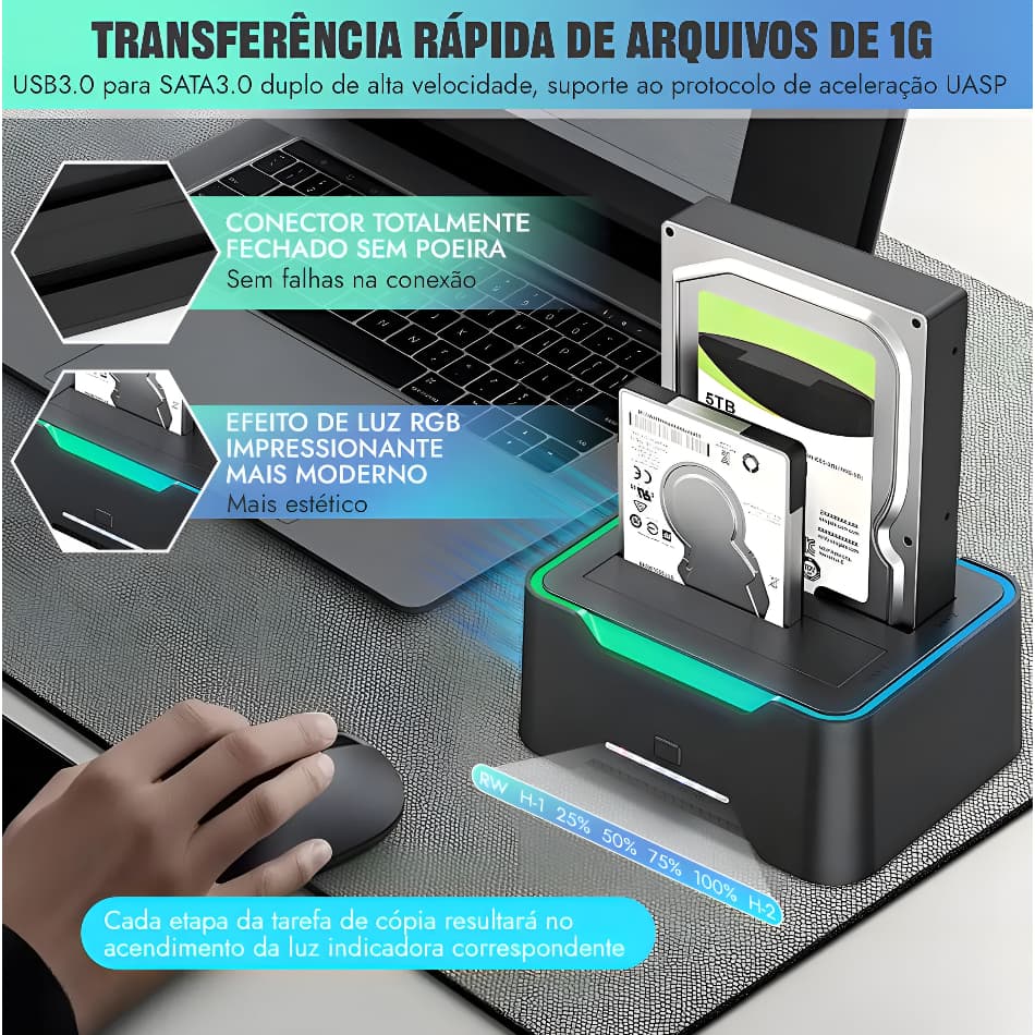 Dock Station SATA para HDs 2,5 / 3,5 com copia off-line USB 3.0 RGB PC Notebook Leitor de Sata