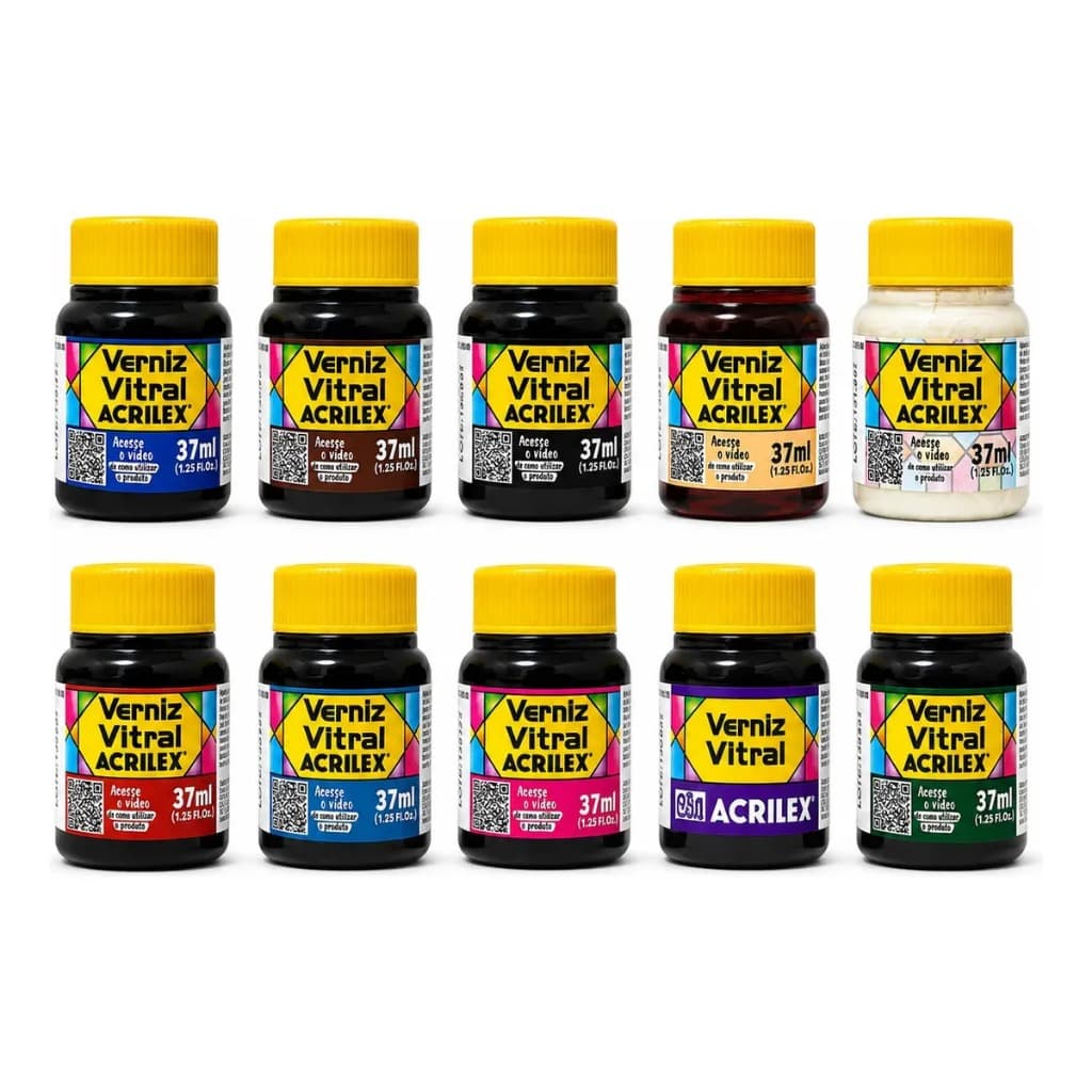 Verniz Vitral Acrilex 37ml 10 Cores Vidro Cerâmica Porcelana Faiança Artesanato Brilhante Pintura