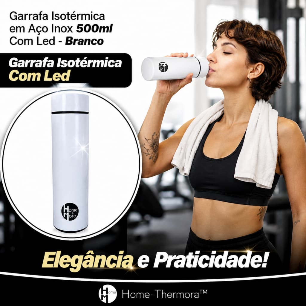 Garrafa Térmica 500ml Aço Inox com LED Visor de Temperatura Manter Bebidas Quentes Frias Branca