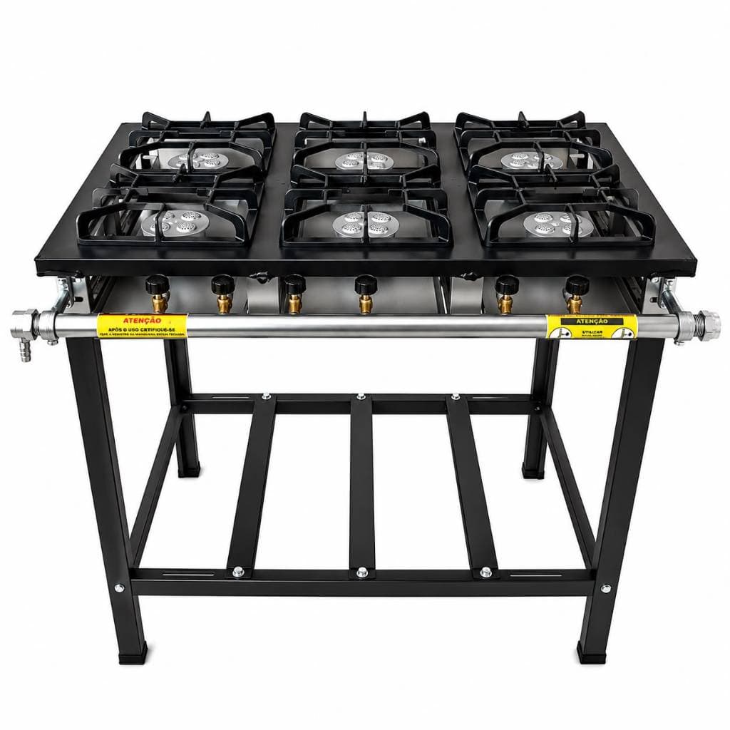 Fogão 6 Bocas Alta Pressão Grelhas 20x20 Em Ferro Fundido Semi Profissional