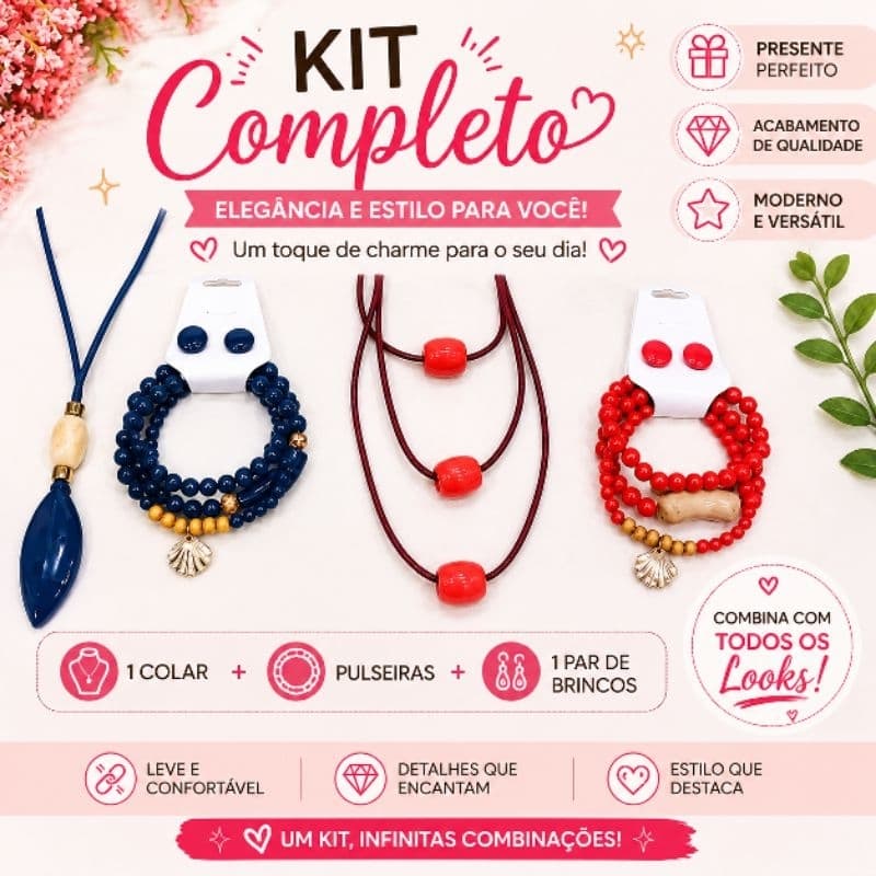 Kit Feminino Colar + Pulseiras + Brincos | Acessórios Femininos | Presente