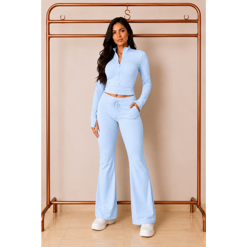 Conjunto Jaqueta Zíper Manga Longa com Dedal Calça Flare Feminino Fitness Academia Treino