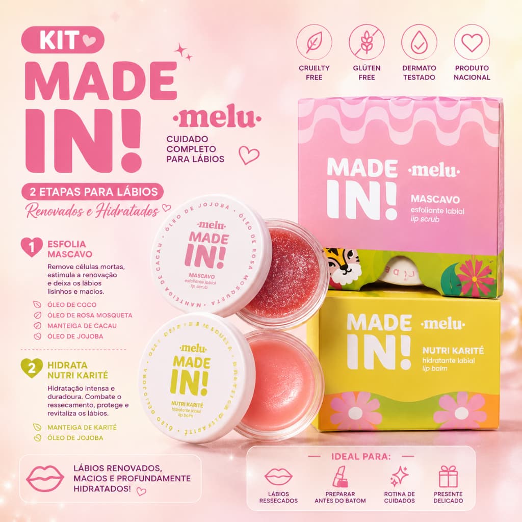 Kit Lábios Macios Made In Melu – Esfoliante + Hidratante