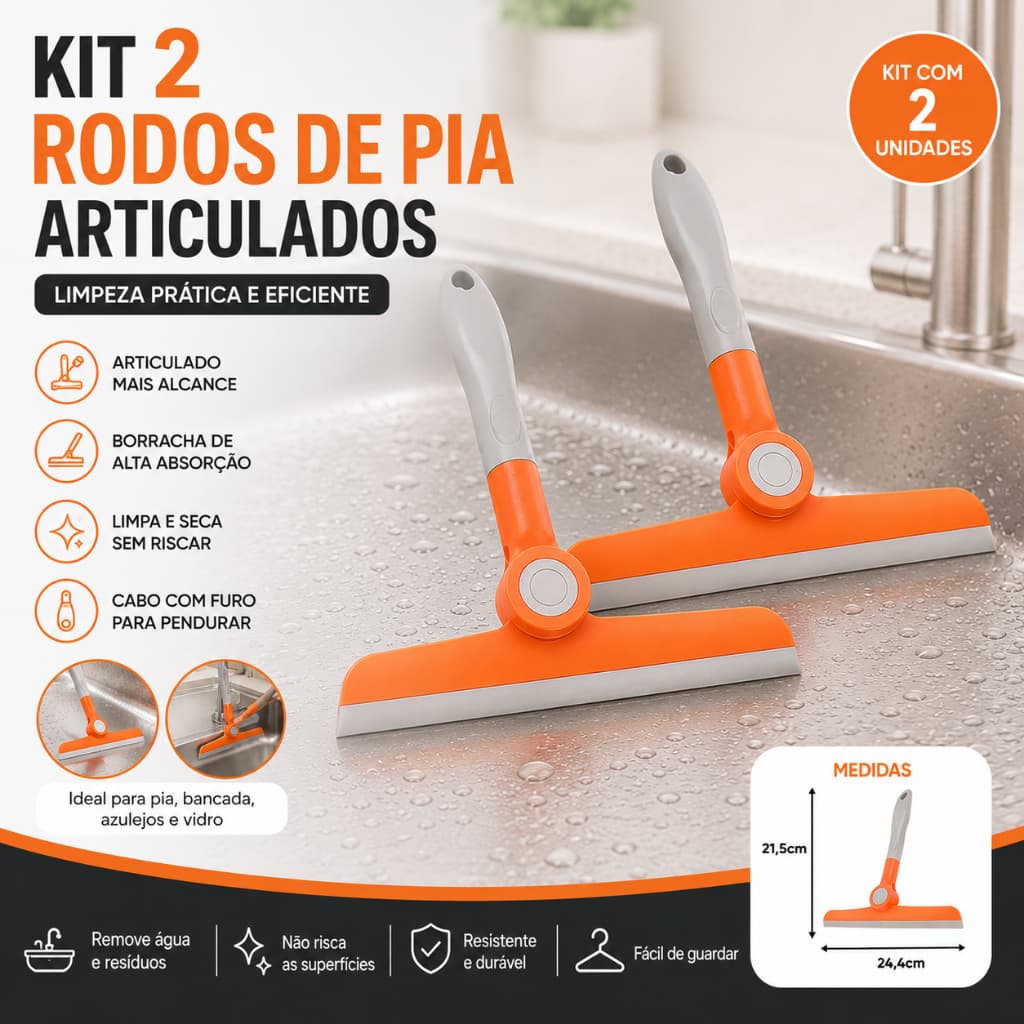 Kit 2 Rodo de Pia Articulado Dobrável Rodinho Cozinha Limpa Vidro  Bancada Azulejo Multiuso Silicone