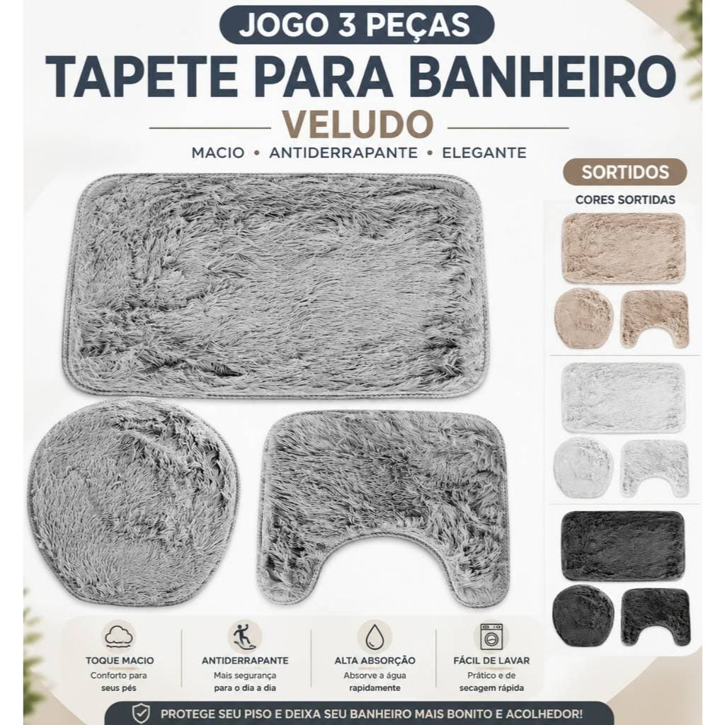 Jogo Tapetes Banheiro 3 Peças Veludo Antiderrapante Conforto Maciez Decoração