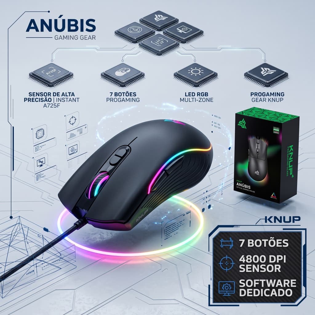 Mouse Gamer Profissional RGB 4800 DPI Alta Precisão 7 Botões Ergonômico para PC Notebook