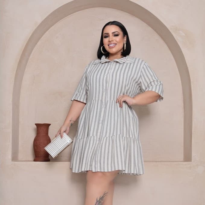 vestido Chemise Listrado Plus Size Feminino Com Manga Curta/COD:C13