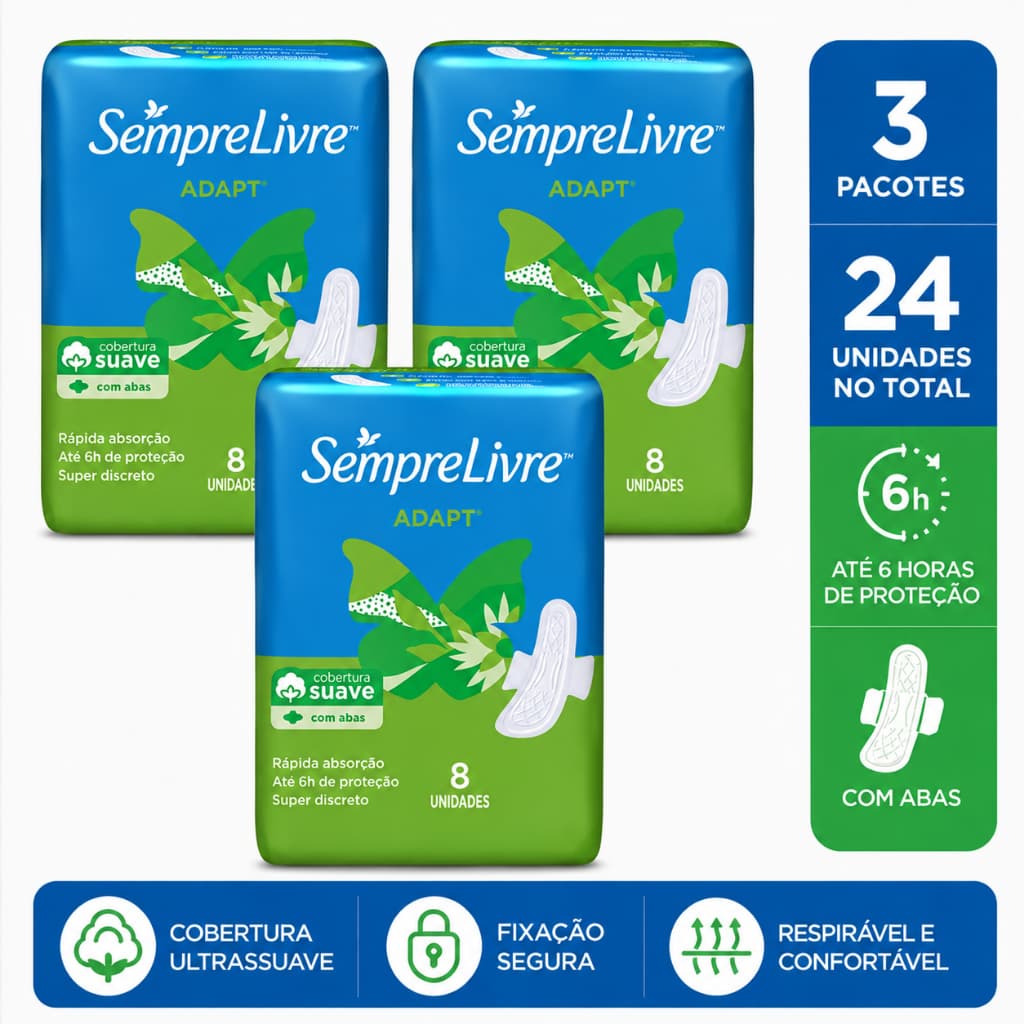 Absorvente Feminino Sempre Livre Adapt Com Abas 3 Pacotes de 8 Unidades 24 no Total Cobertura Suave