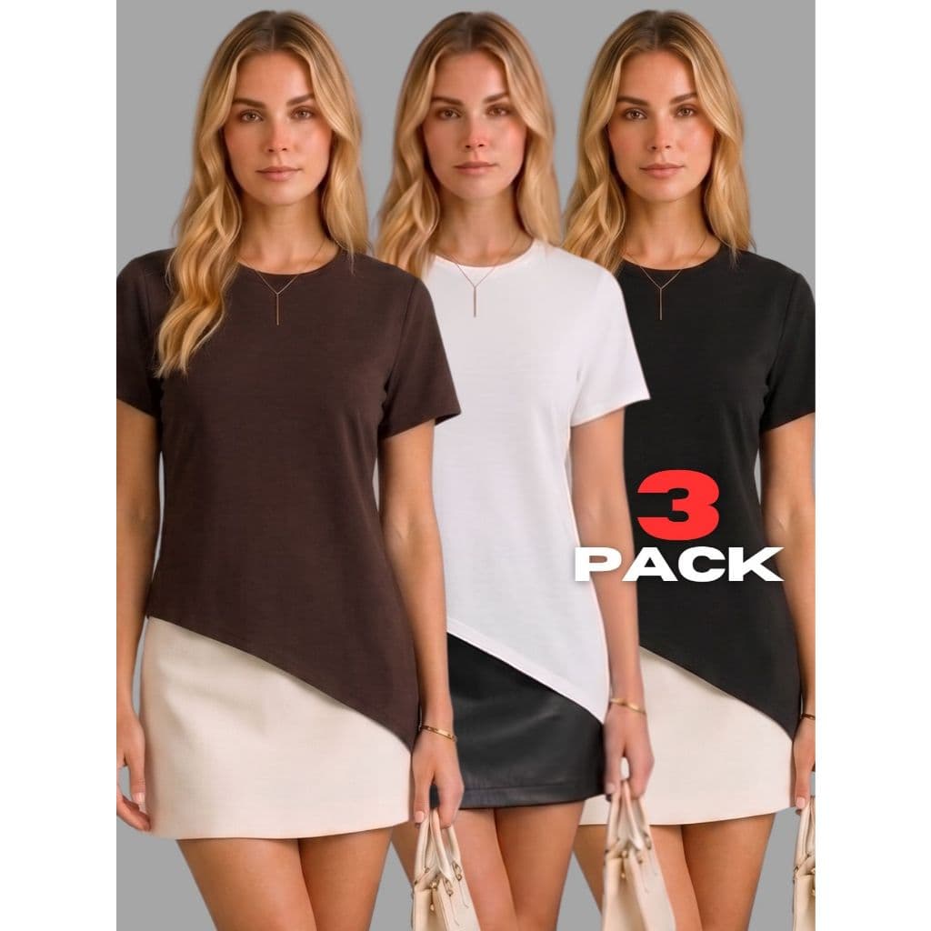 Kit 3 Blusas Femininas Barra Assimétrica 100% Algodão Casual Básica Manga Curta Confortável Leve Dia a Dia