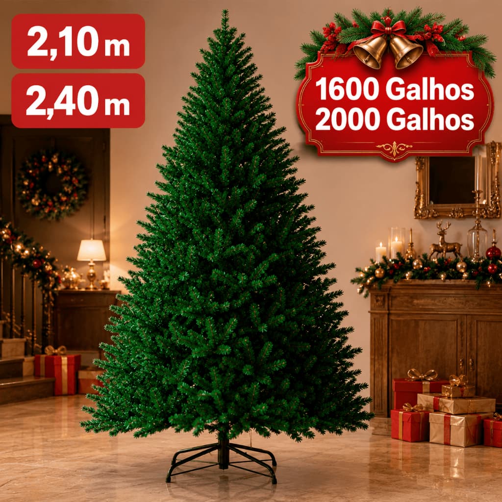 Arvore de Natal Cheia Volumosa 2,40m e 2,10 até 2000 Galhos Pinheiro Tradicional Montagem Fácil