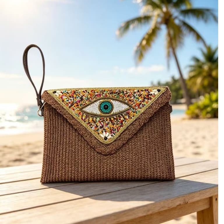 Bolsa clutch envelope de fibra tecida feminina, detalhes decorativos de miçangas coloridas, alça de pulso, acessório par