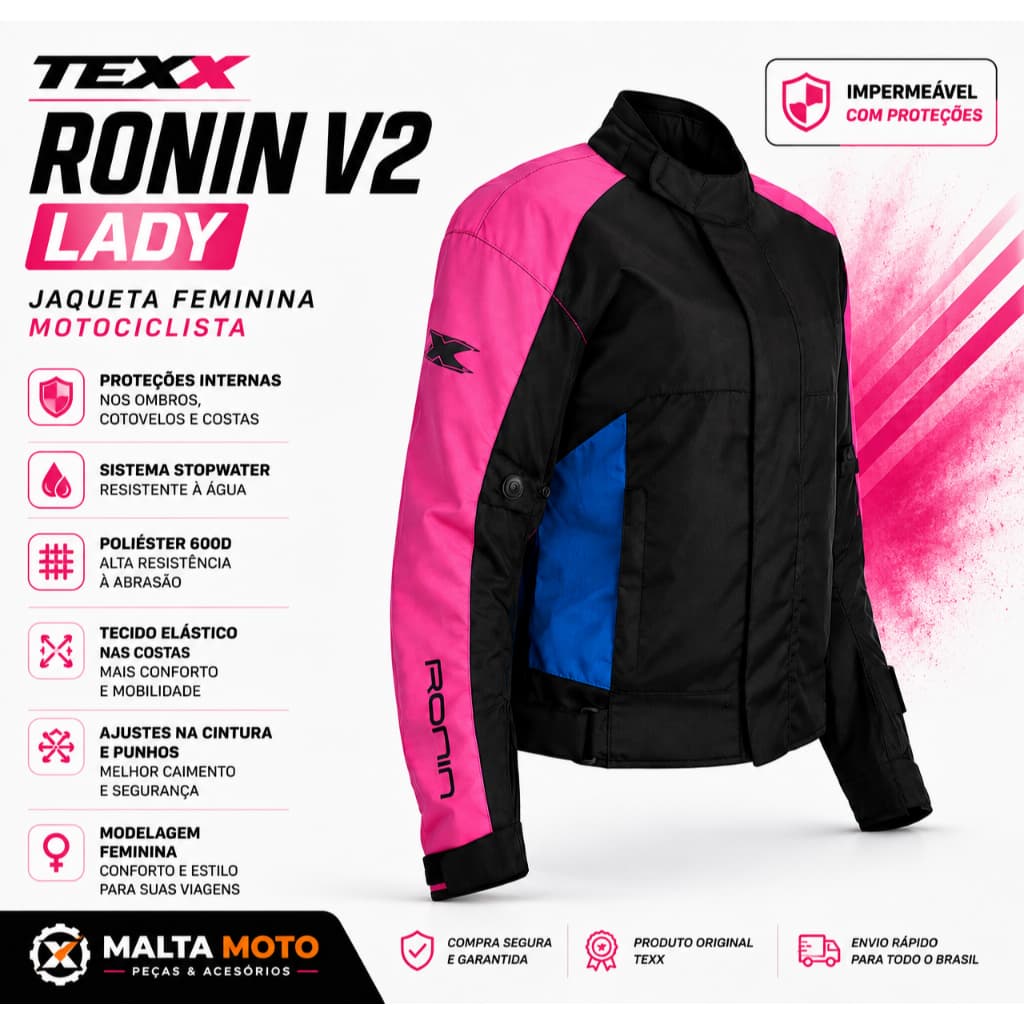Jaqueta Feminina Motociclista Moto TEXX Ronin V2 LADY Impermeável com Proteções Preto/Rosa/Azul