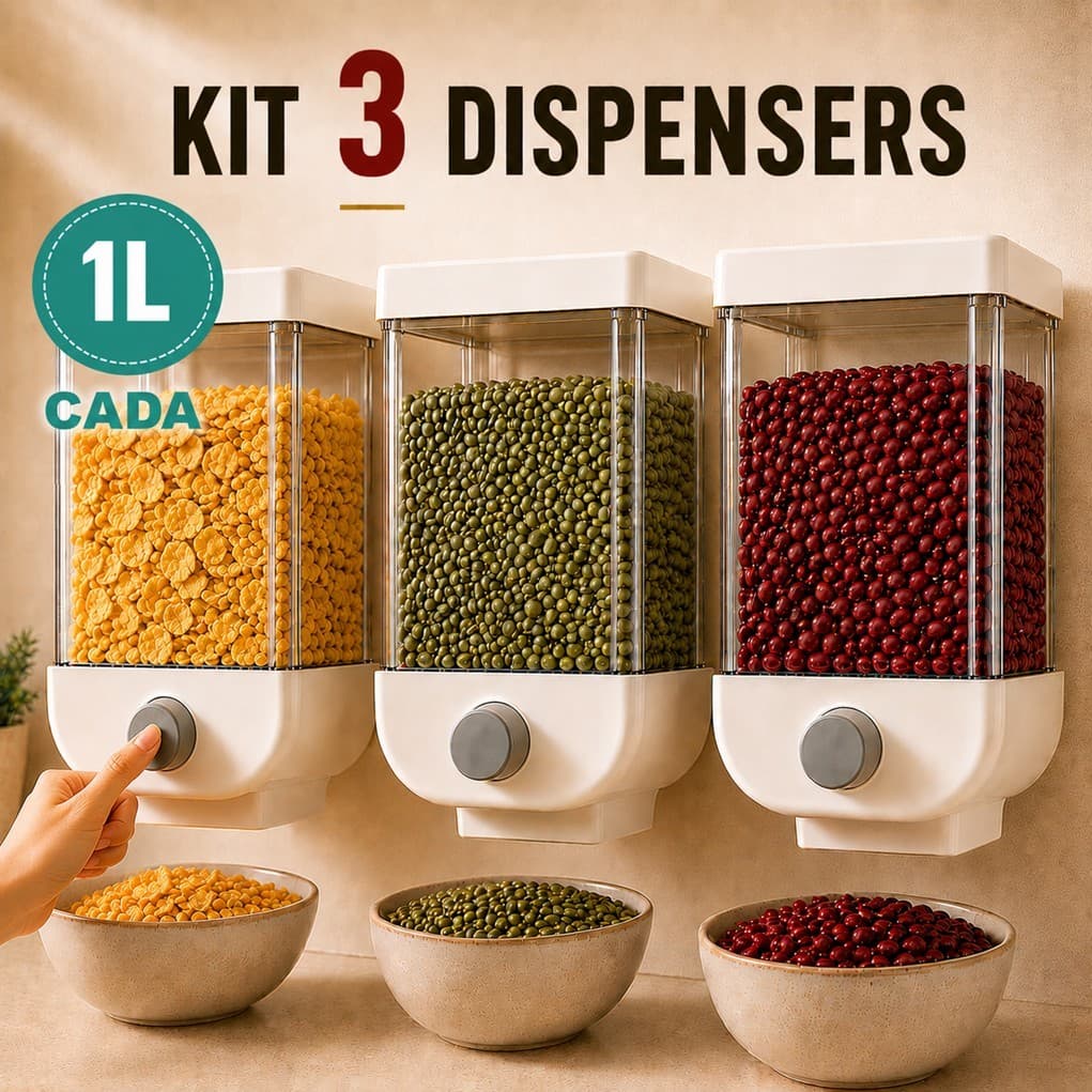 KIT 3 Dispensers Suspensos 1L Porta Grãos Cereais Ração Pote Organizador Dosador de Parede Sem Furos
