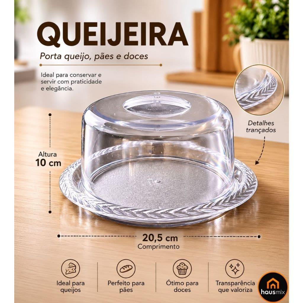 Queijeira Premium Cristal Keita Porta Queijo com Tampa Transparente Elegante Conserva Fresco - (ENVIO IMEDIATO)