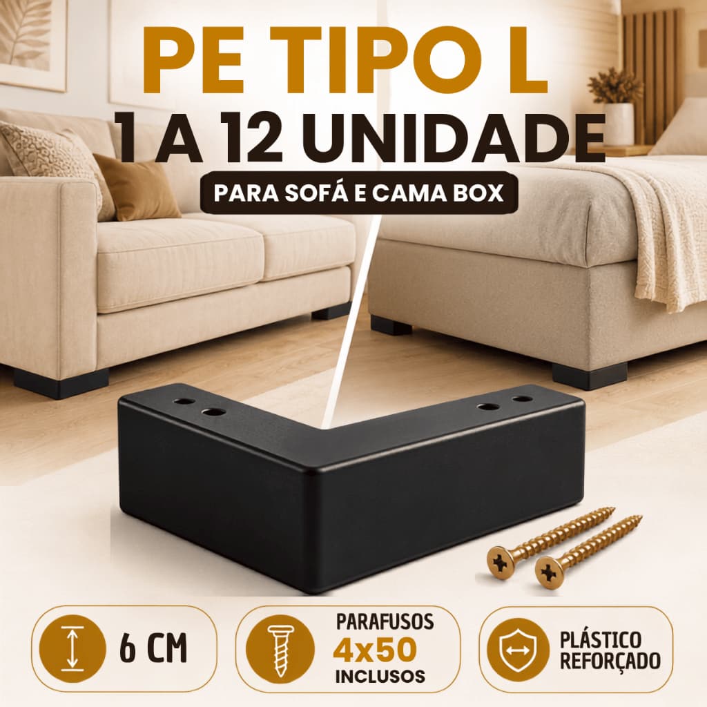 Pé Tipo L Cantoneira 6cm para Sofá Cama Box Puff e Rack 1 a 12 Unidades com Parafuso