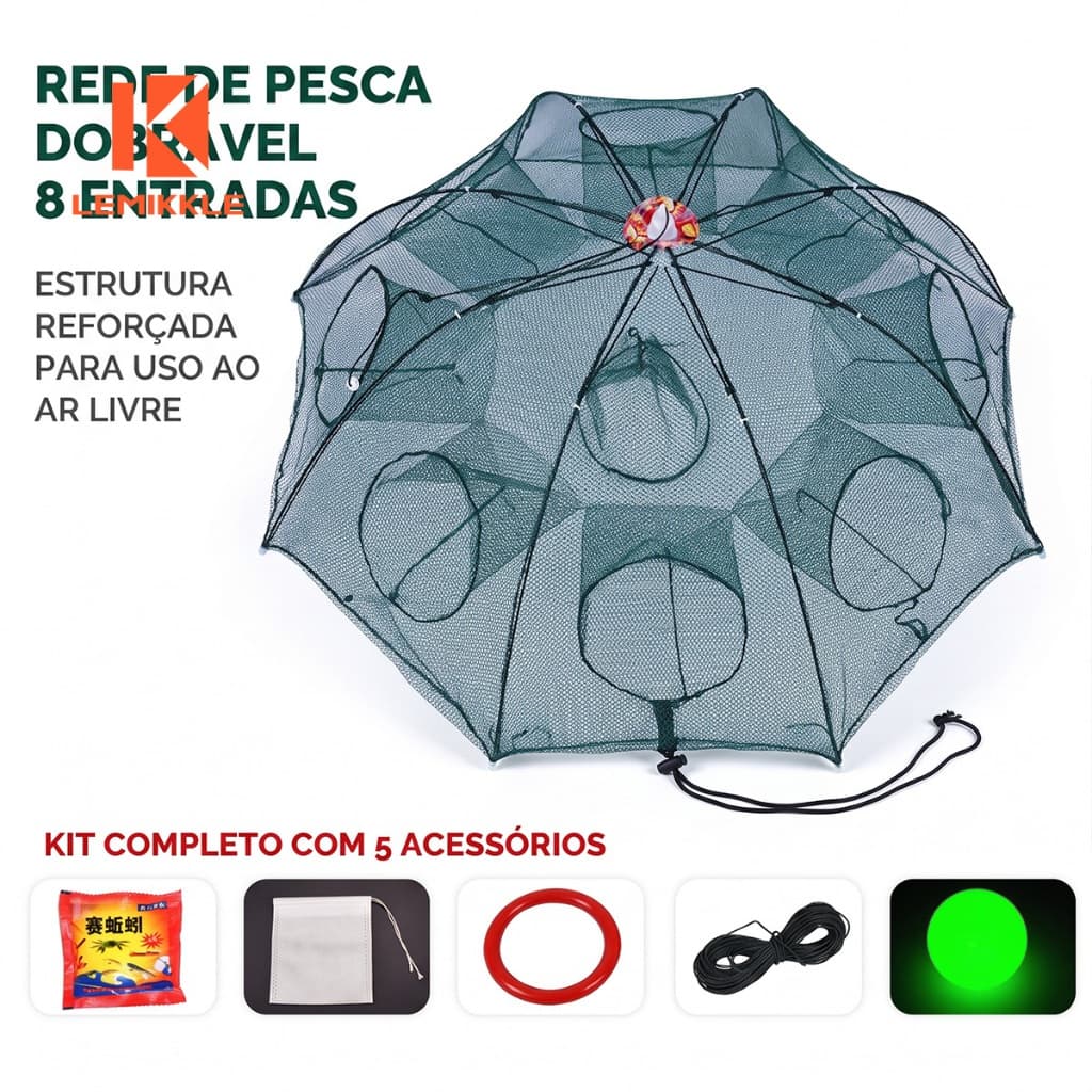 LEMIKKLE - Rede de Pesca Armadilha Dobrável 8 Entradas, Corda, Boia e Esfera Luminosa, Armadilha Para Peixes