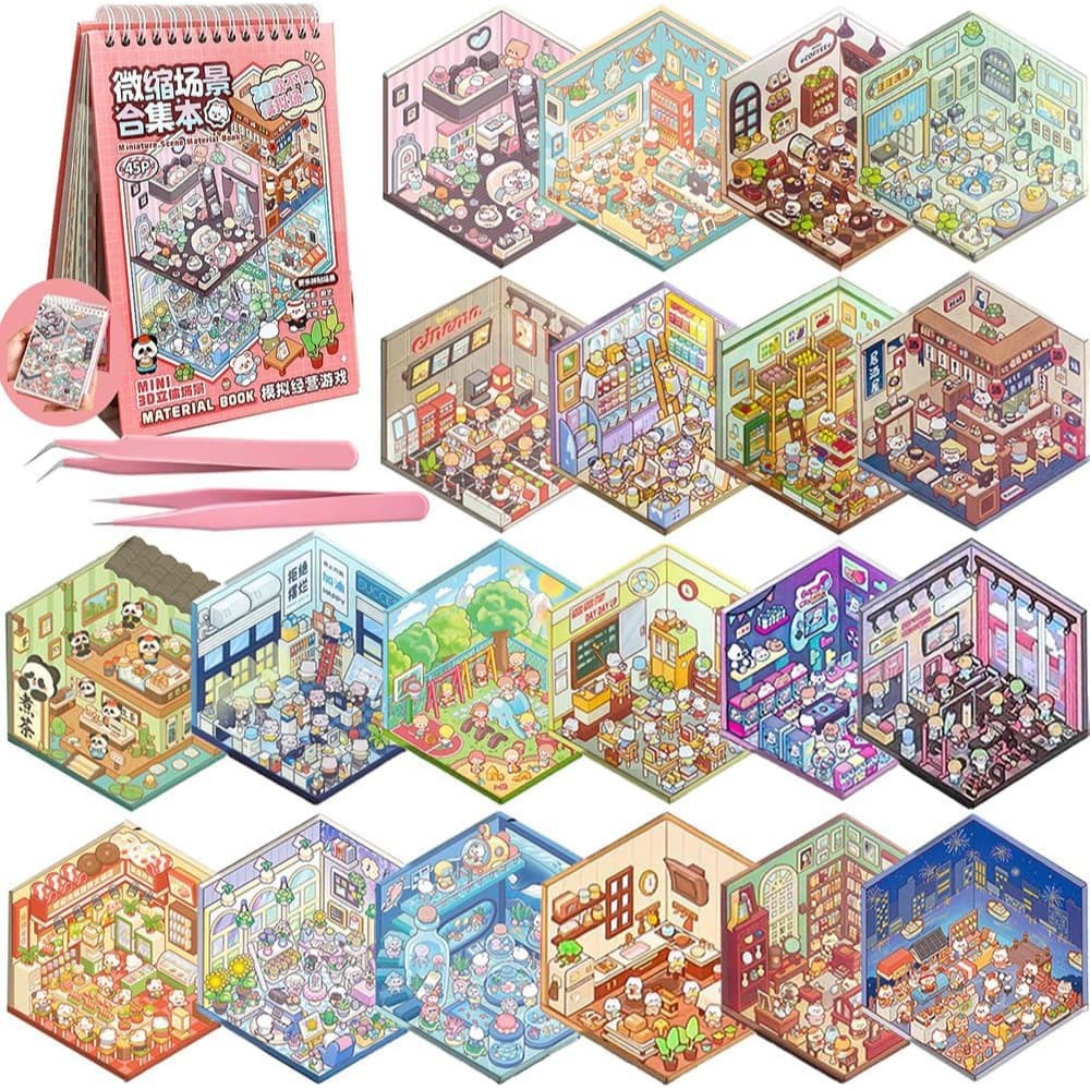 Caderno com Adesivos 3D Livro Cenários Kawaii DIY Scrapbooking Paisagismo Fofo