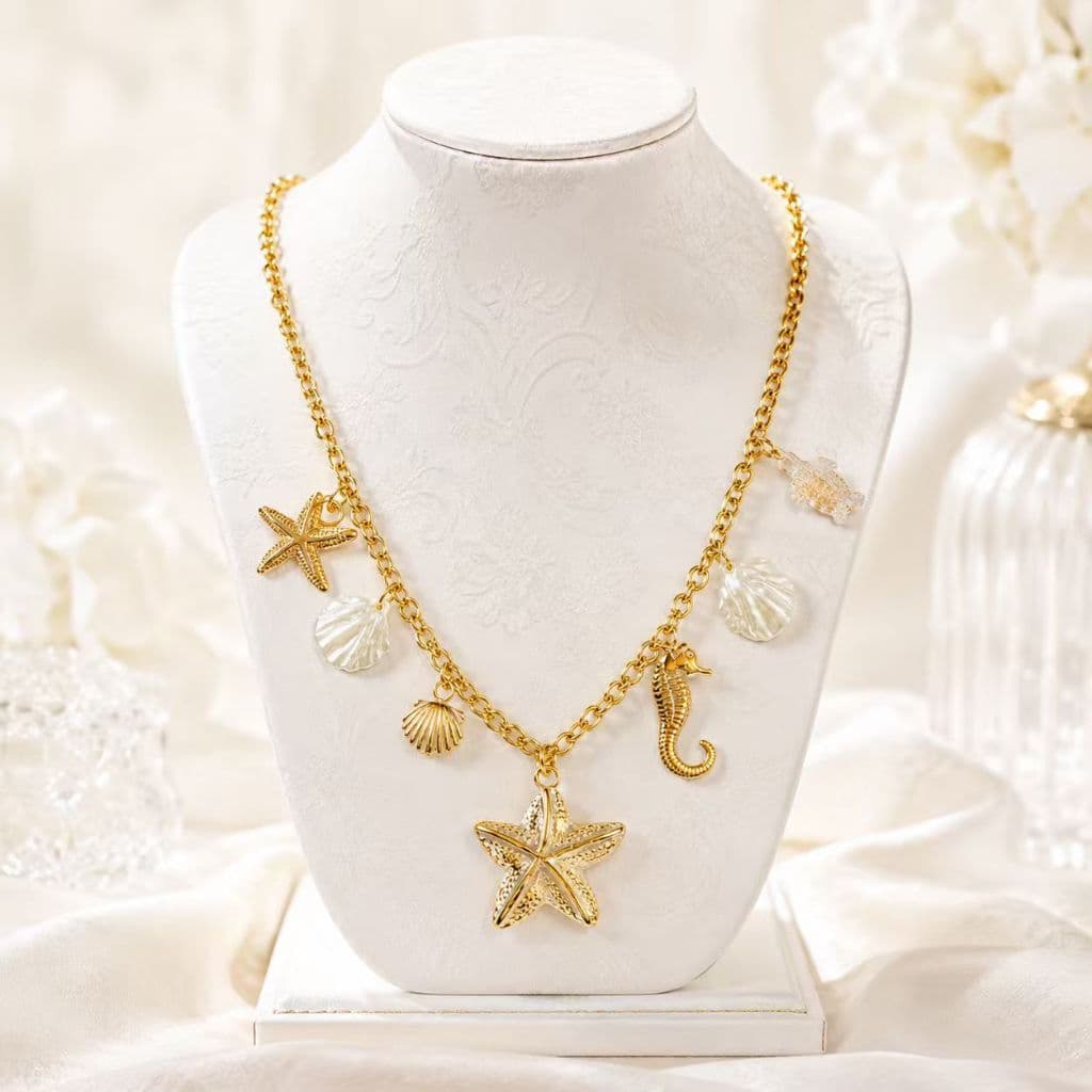 Colar Feminino Moda Praia Aço Inox Pingente Estrela do Mar e Conchas