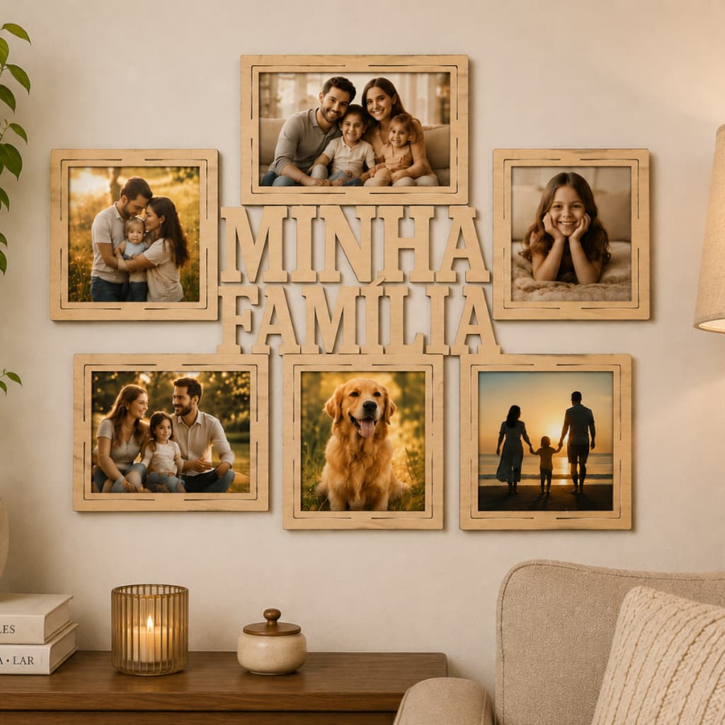 Quadro Decorativo Minha Família MDF 3mm Porta Fotos Parede 55cm x 44cm