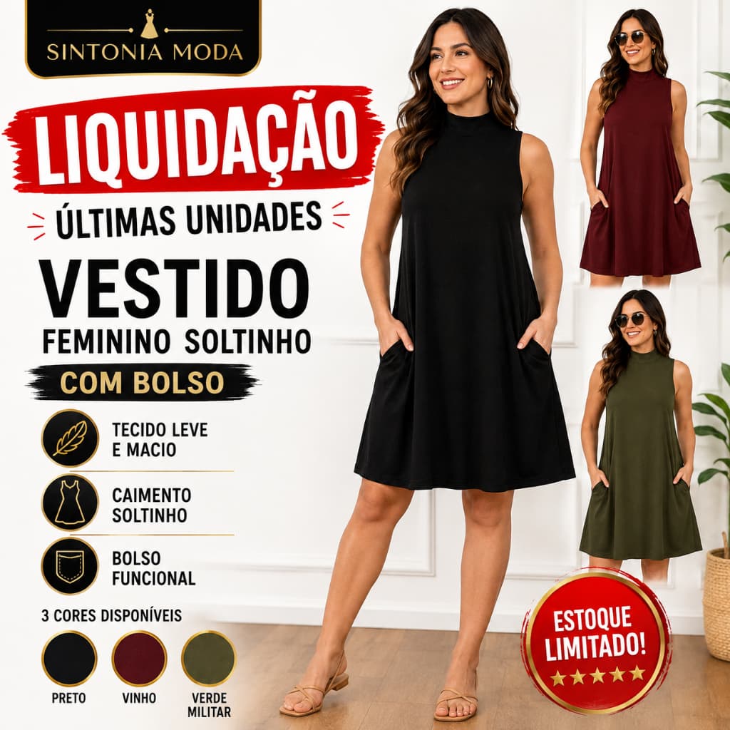 Vestido Feminino Soltinho com Bolso Tecido Leve e Macio | Liquidação