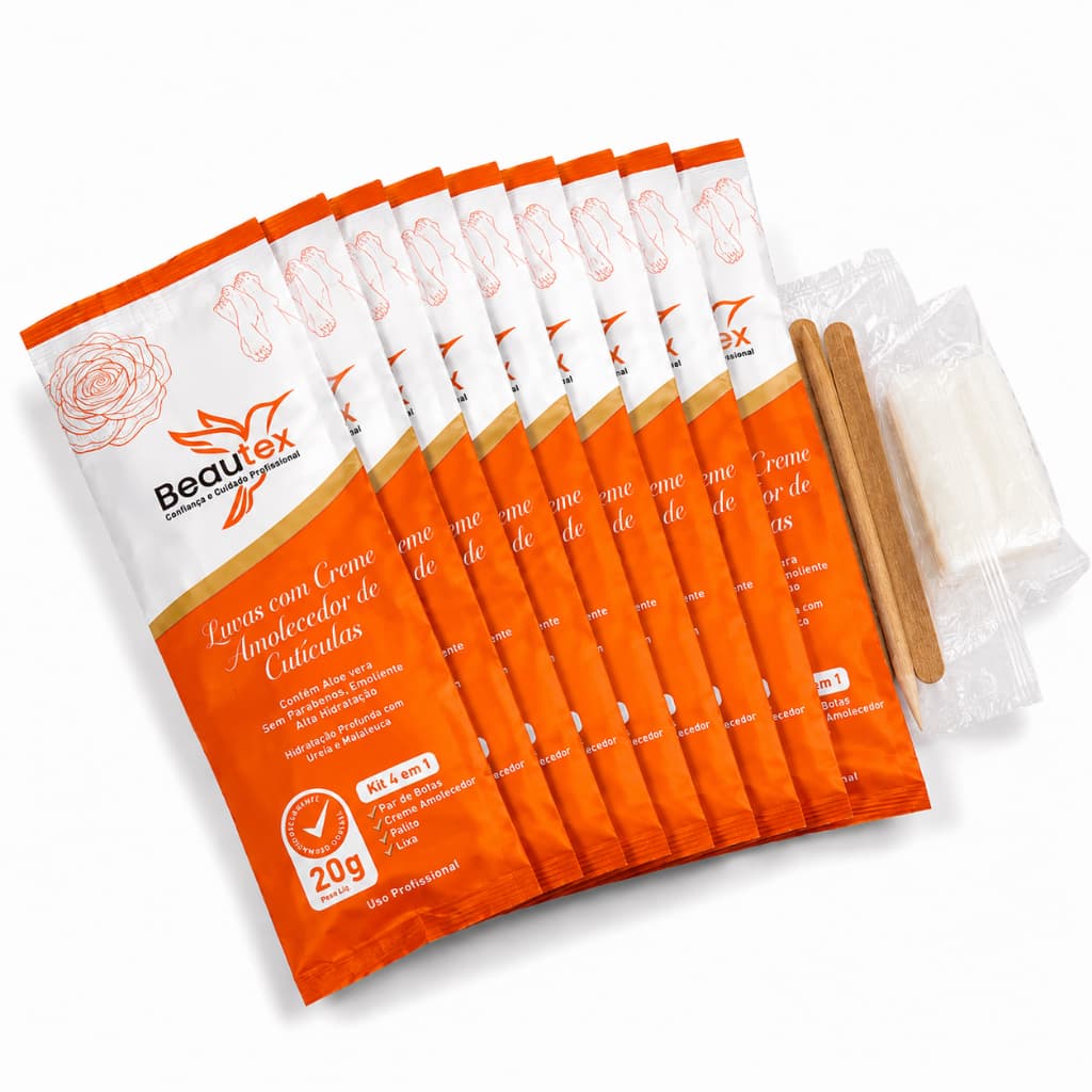 Kit 10  Luvas Lixas Palito e Creme Beautex Manicure Ureia Malealuca Amolecedor de Cuticulas Unhas