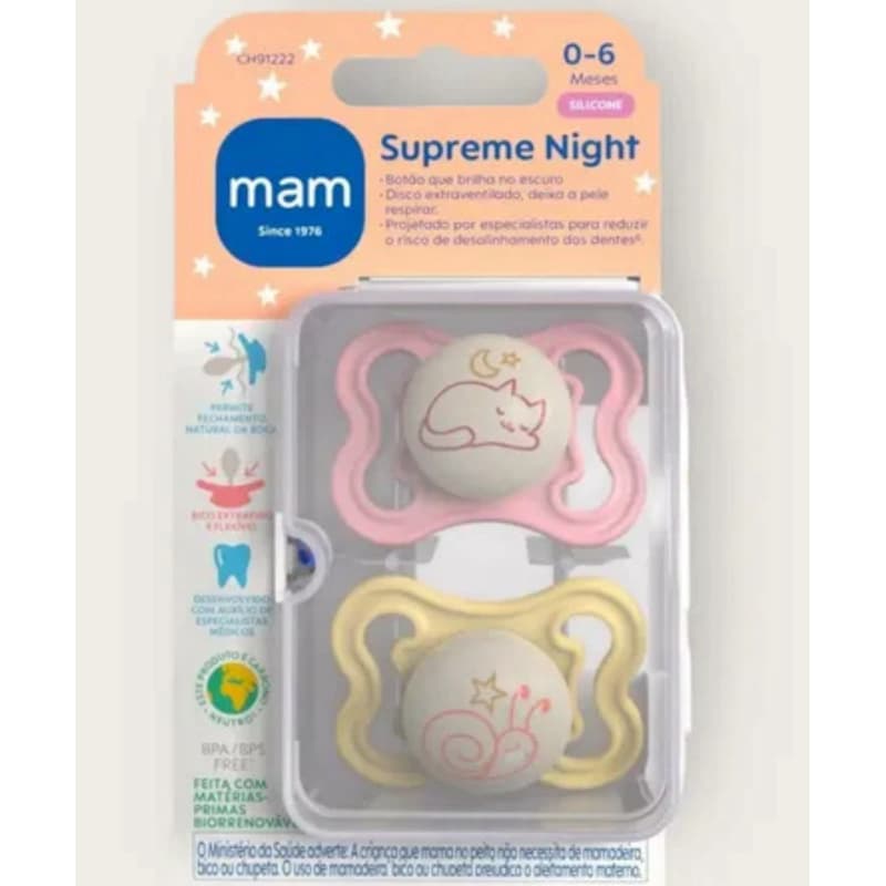 Chupeta Mam Supreme Night 0-6 Meses Kit 2 Rosa Com Estojo