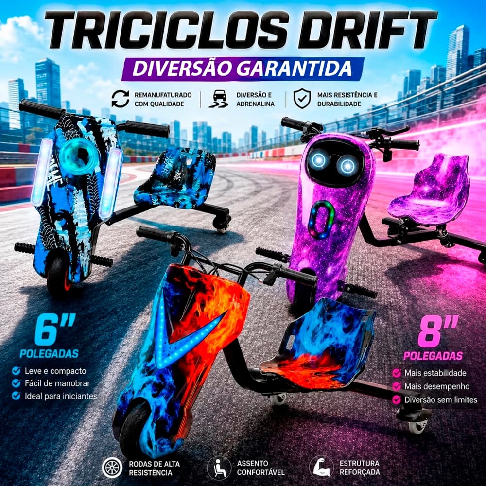 Triciclo Infantil Elétrico Drift Bluetooth 300W Alta Potência 3 Velocidades Ajustável