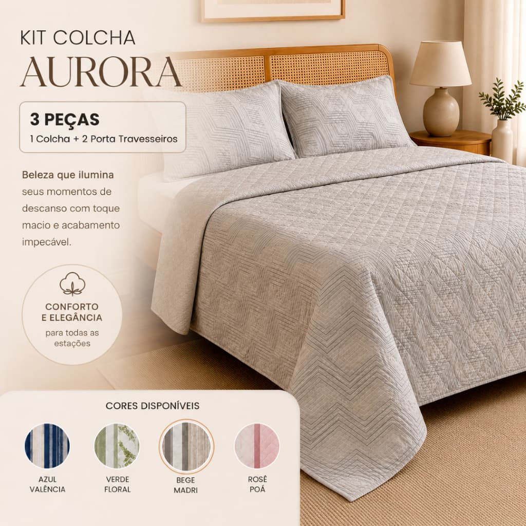 Kit Colcha/Cobre Leito 3 Peças Aurora + Porta Travesseiro 300 Fios Dupla Face Toque Algodão