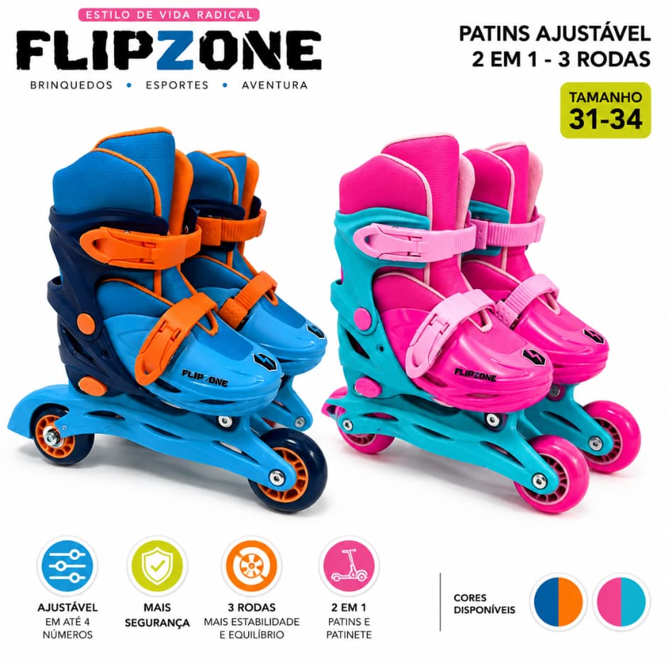 PATINS INFANTIL AJUSTAVEL FLIPZONE  2EM1 3 RODAS TAMANHO  31-34 AZUL