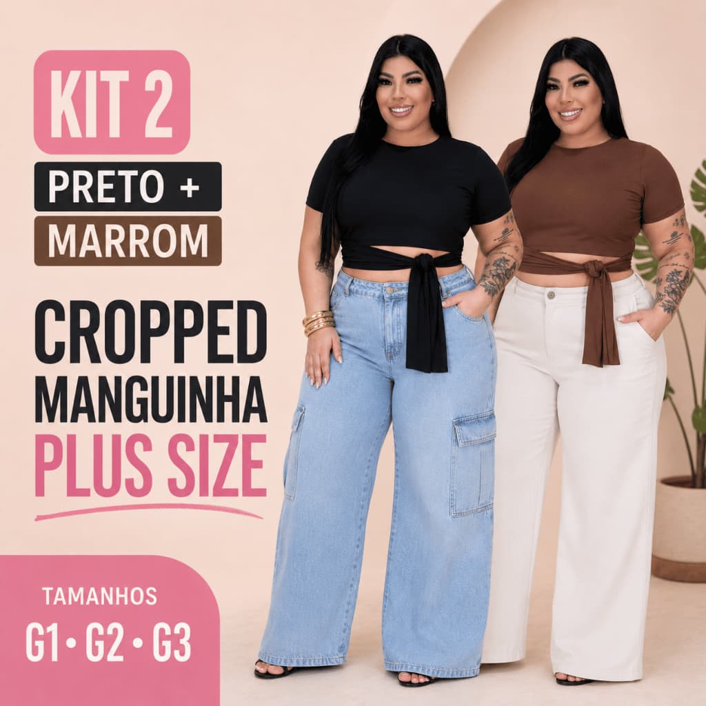 Kit 2 Cropped Feminino Plus Size Manga Curta Amarração Branco Marrom Blusa Moderna G1 G2 G3 Elegante