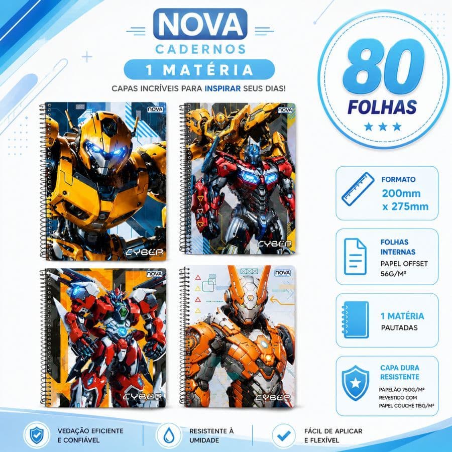 Cadernos Capa Dura Personalizado 1 Matéria Universitário Cyber 80 Folhas Com Adesivos