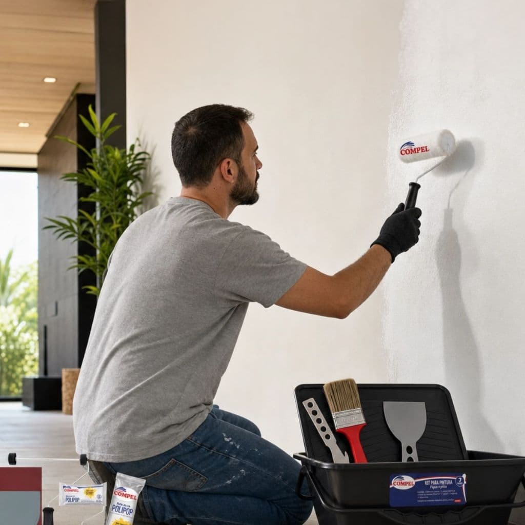 Kit 7 Peças Pintura Parede Teto Rolo Pop + Pincel + Espatula + Caçamba Compel