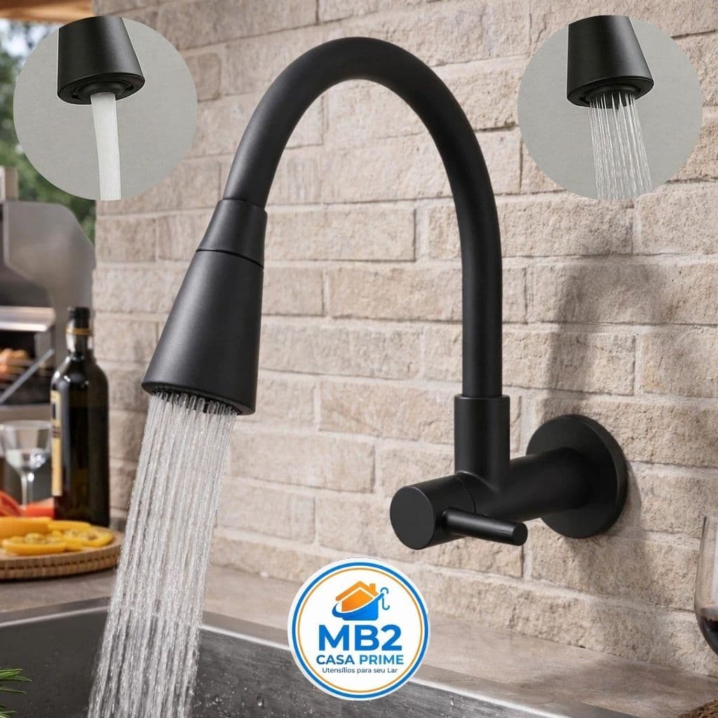 Torneira De Cozinha Gourmet Flexível de Parede Preto Fosco Design Moderno Luxo 1/4 de Volta