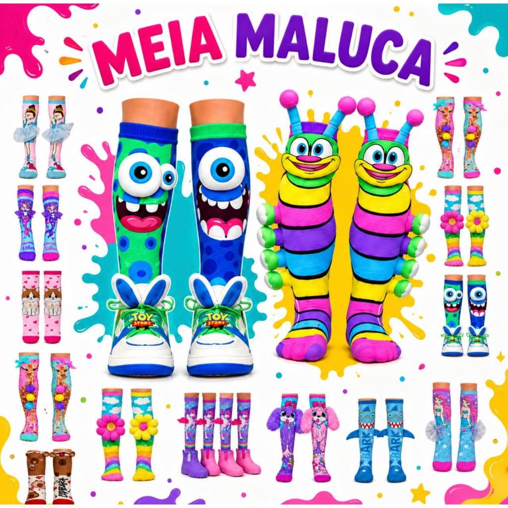 Meia Infantil Maluca Divertida Unissex Cano Alto Criança,Juvenil,Adulto Colorida