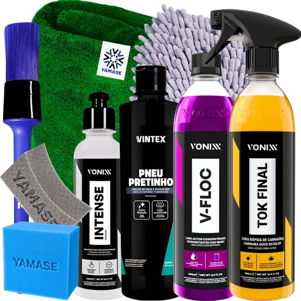 Kit Limpeza Automotiva Carro Vonixx V-Floc Cera Liquida Tok Final Renovador Intense Pneu Pretinho