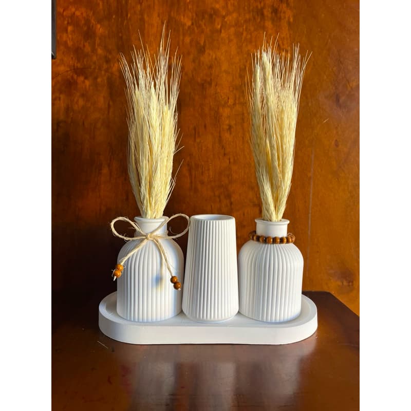 Kit Vaso Decorativo 6 itens Detalhe Miçanga Madeira Vasos +Trigo Seco + Bandeja Decoração sala rack mesa escritório