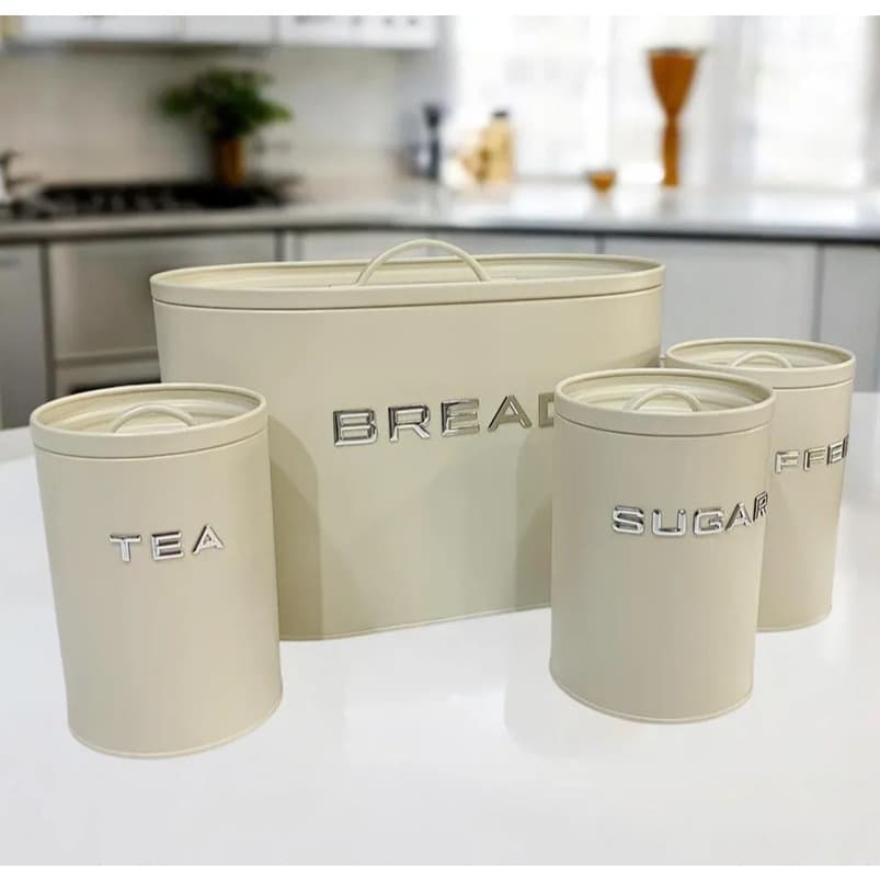 Kit Porta Pão + Latas Porta Mantimentos Café Açúcar Chá Cozinha Retrô Ferro Galvanizado Bege Lisa