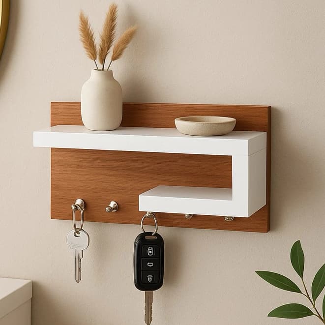 Porta-Chaves de Parede com Prateleira Decorativa em MDF 25x13x8,5 cm – Design Moderno Amadeirado e Branco