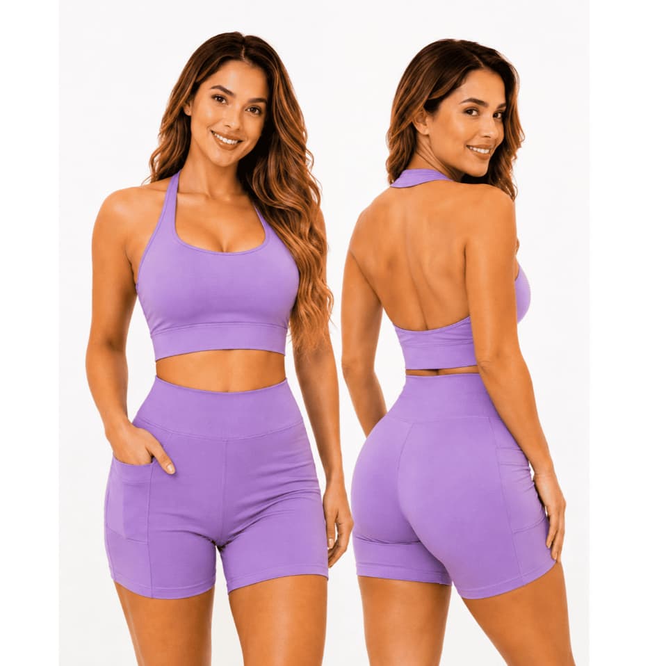 Conjunto Fitness Feminino Top Frente Única + Short Cintura Alta Academia Treino Conjunto Esportivo Musculação REF1177