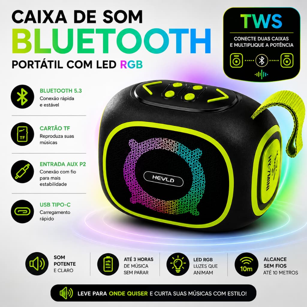 Caixa de Som Bluetooth 5.3 Portátil LED RGB TWS Som Potente USB-C TF AUX