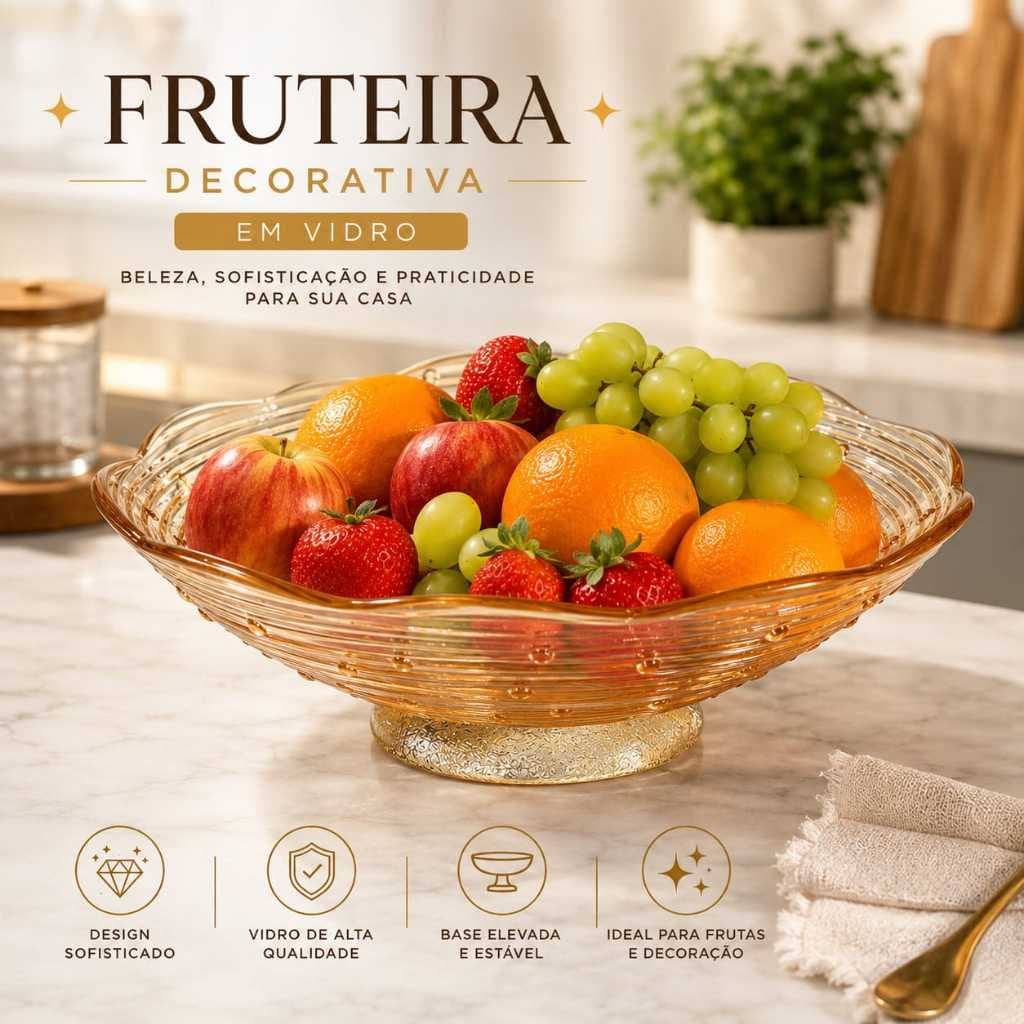 Fruteira Decorativa de Vidro com Pé Base Elevada – Centro de Mesa Elegante para Frutas e Decoração