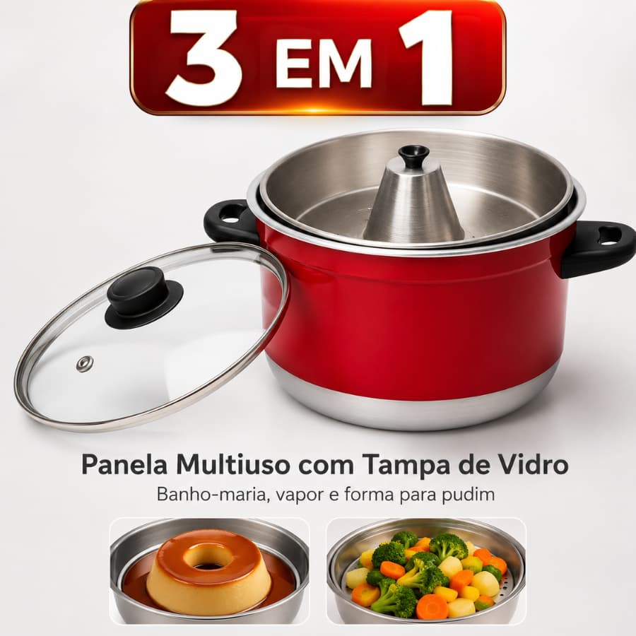 Panela 3 Em 1 Multiuso Alumínio com Tampa de Vidro Cuscuzeira Banho Maria Forma de Pudim