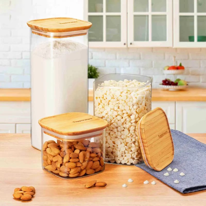 Pote Herméticos de Vidro Borossilicato com tampa de bambu Tupperware - mantimentos 3 peças