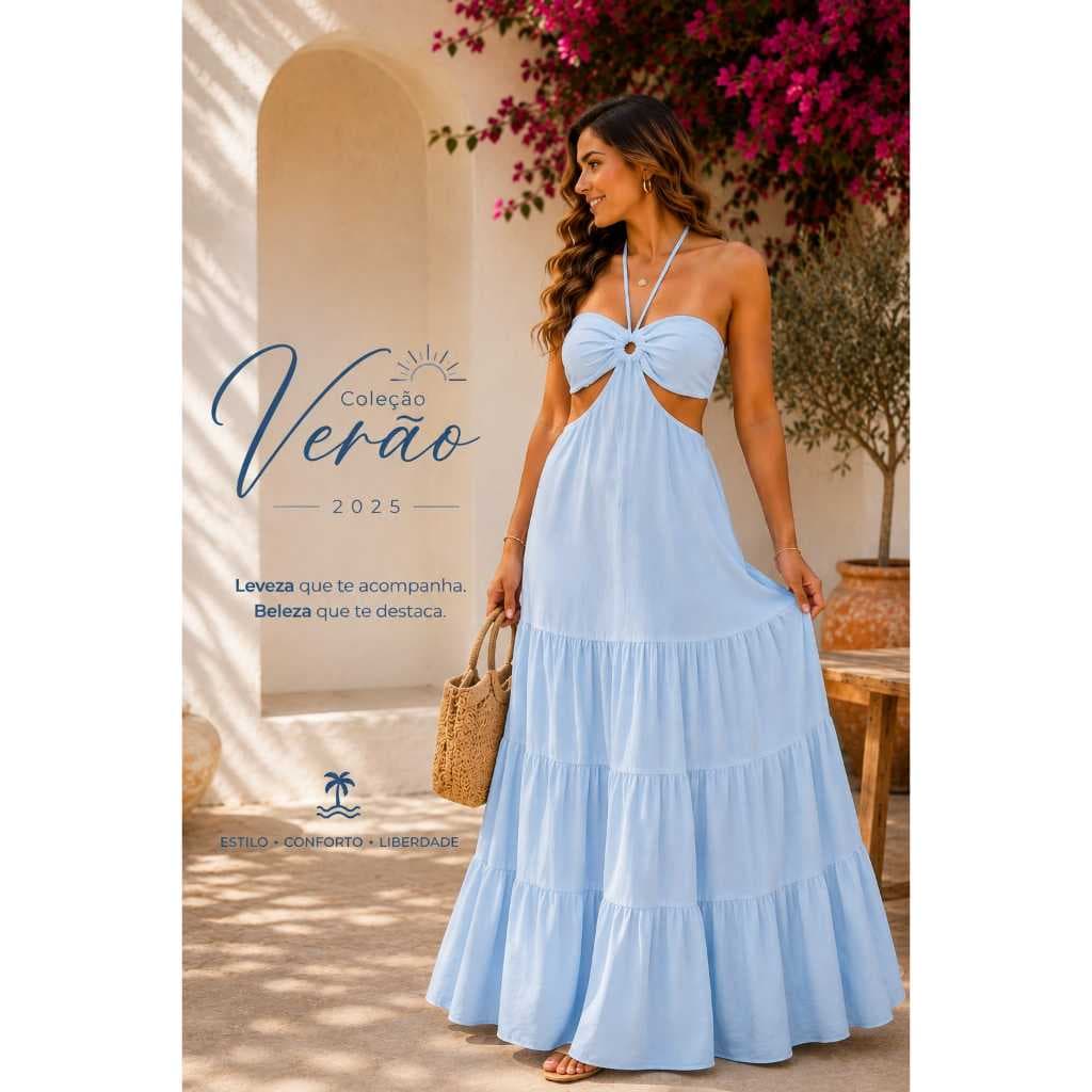 Vestido Longo Feminino  Verão Decote Halter Com Forro Saia em Camadas Elegante Festa Praia Casual
