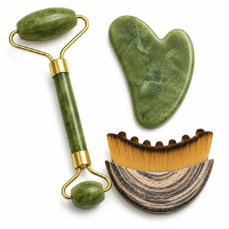 Kit Massagem Facial Premium com Rolo de Jade Verde, Pedra Gua Sha e Escova para Drenagem Linfática.