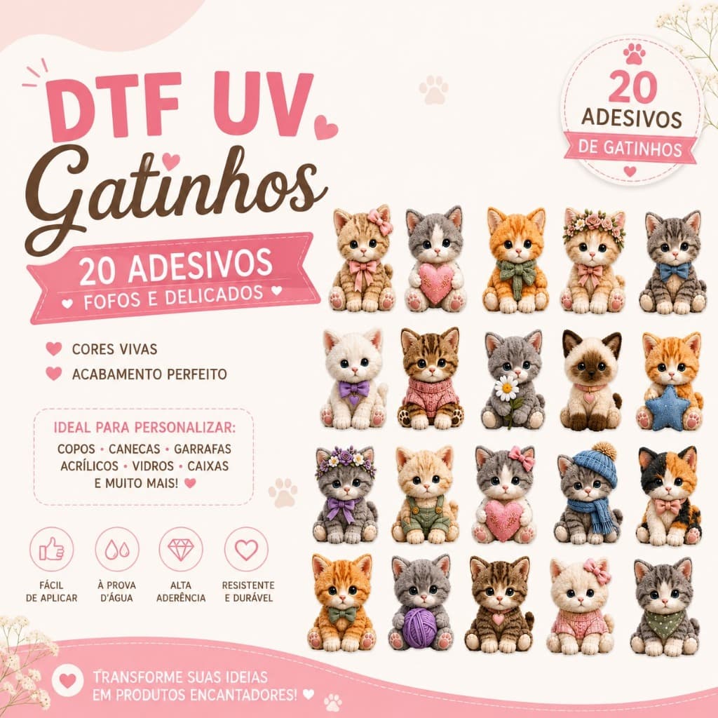Adesivos DTF UV Gatinhos Fofos – Cartela de Adesivos para Copos Garrafas Canecas e Personalizados